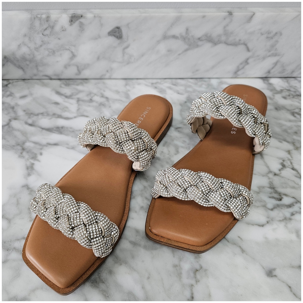 Braided Crystal Double-Strap Slides in Silver and Tan